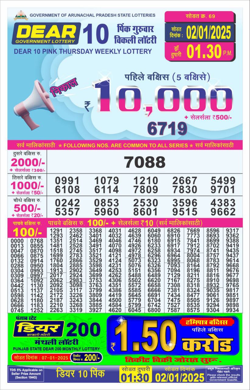 Dear 10 Pink Thursday Weekly Lottery 1:30 PM Result