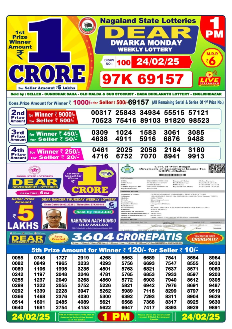 1 PM Lottery Result