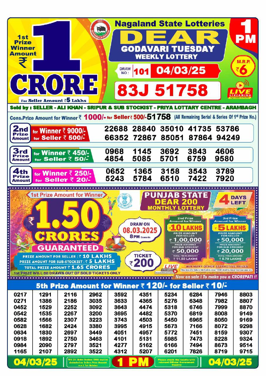 1 PM Lottery Result