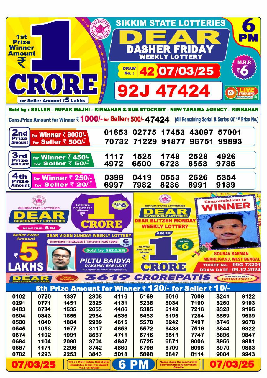 6 PM Lottery Result