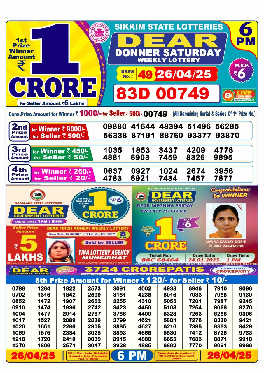Dear Lottery Result Today 6PM 26/03/25 - 6 PM Lottery Sambad Result