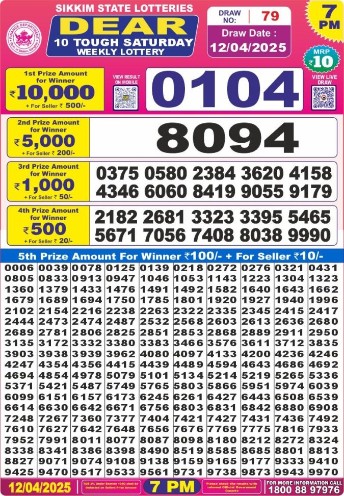 Nagaland State Lottery Dear 10 7 PM Result 26/03/25