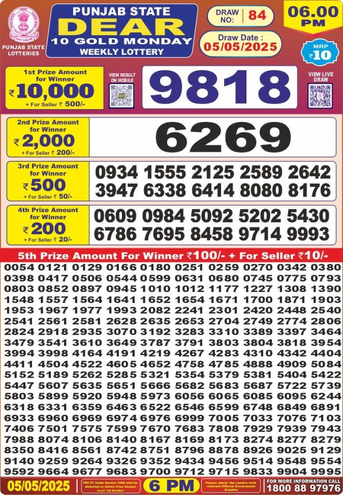 Punjab State Lottery 6 PM Result 26/03/25