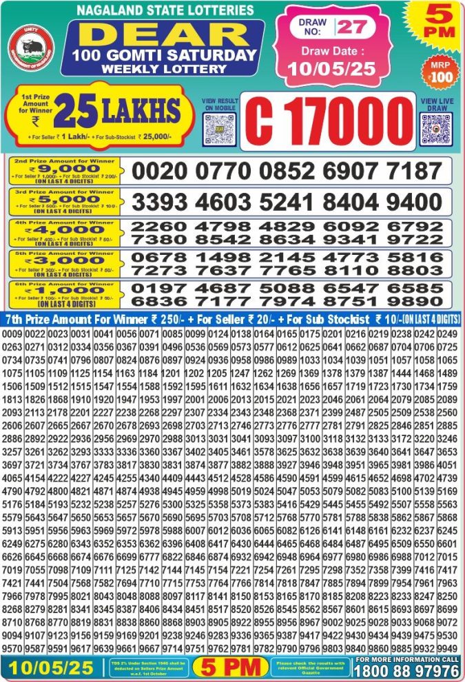 Dear 50 5 PM Lottery Result 23/03/2025 - Nagaland State Lottery Sambad
