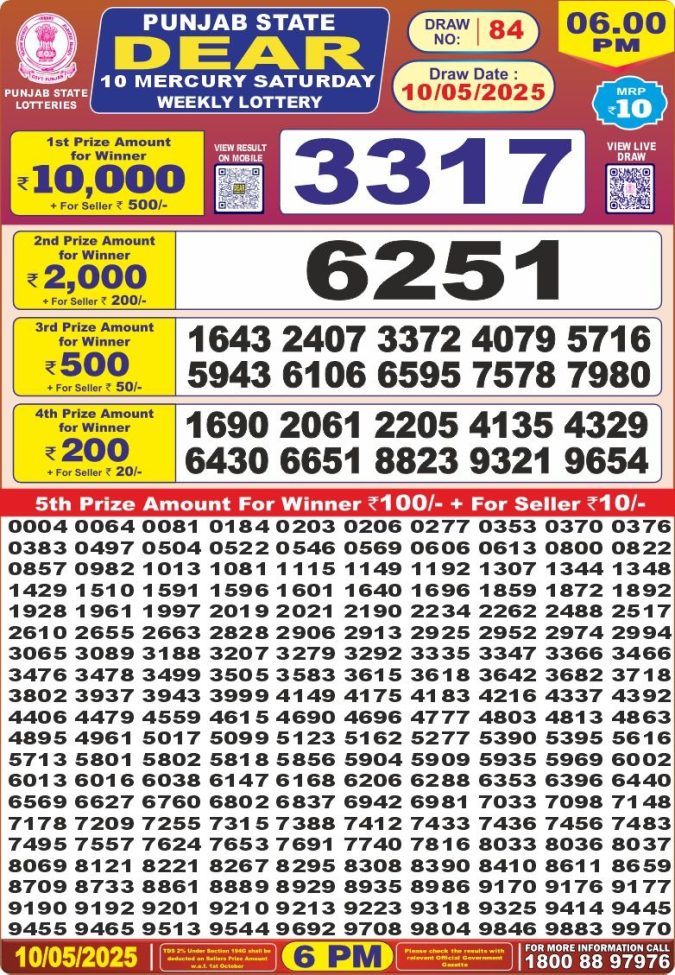 Punjab State Lottery 6 PM Result 26/03/25