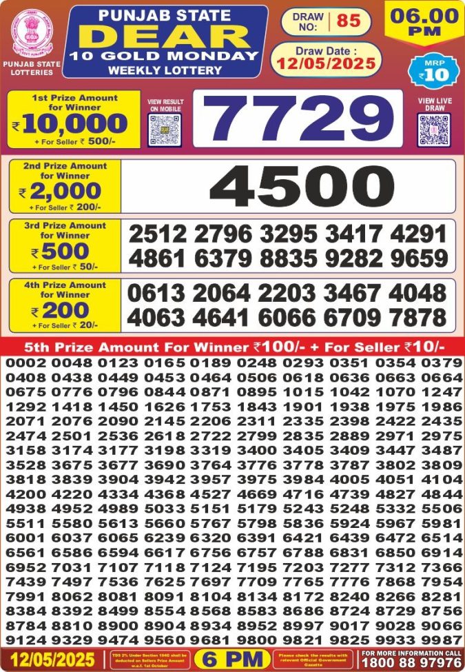 Punjab State Lottery 6 PM Result 26/03/25