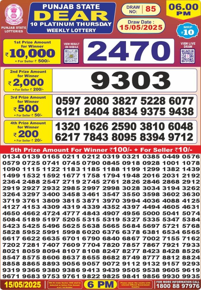 Punjab State Lottery 6 PM Result 26/03/25