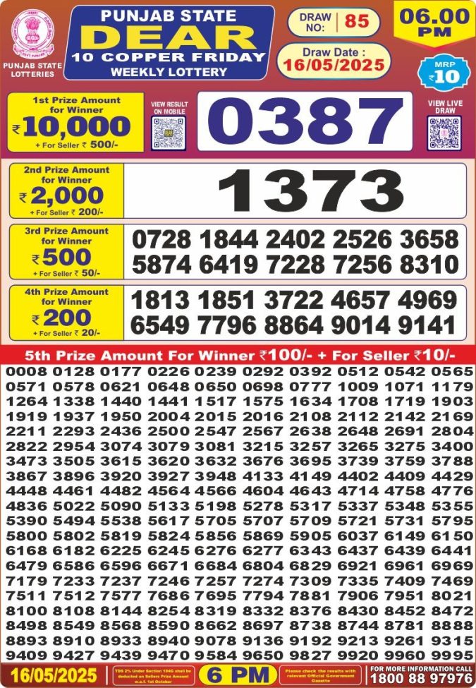 Punjab State Lottery 6 PM Result 26/03/25
