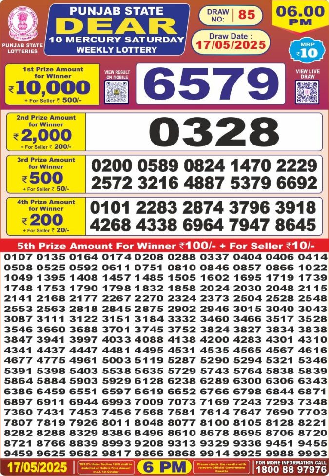 Punjab State Lottery 6 PM Result 26/03/25