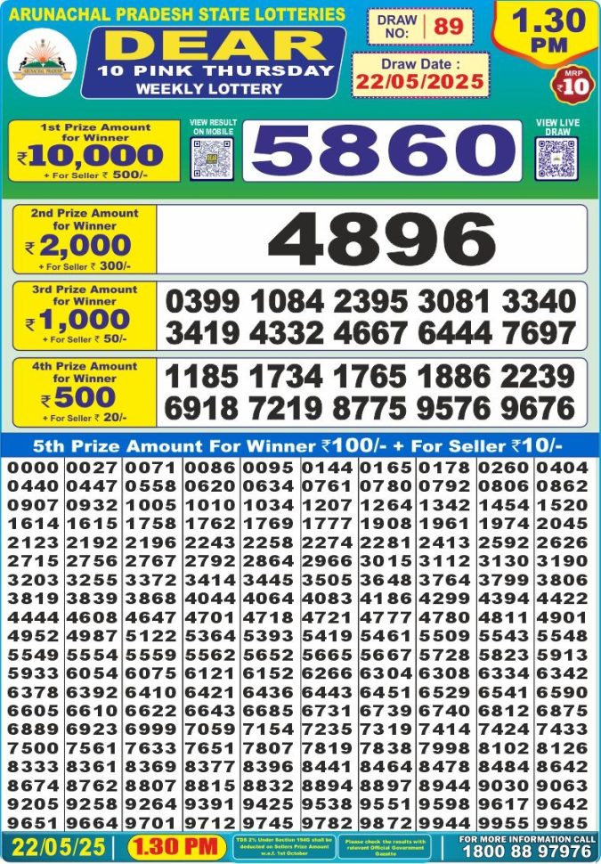 Dear 10 1.30 PM Lottery Result 24/04/25