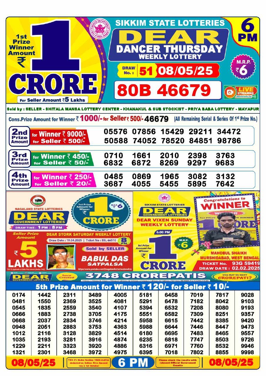 Dear Lottery Result Today 6PM 26/03/25 - 6 PM Lottery Sambad Result
