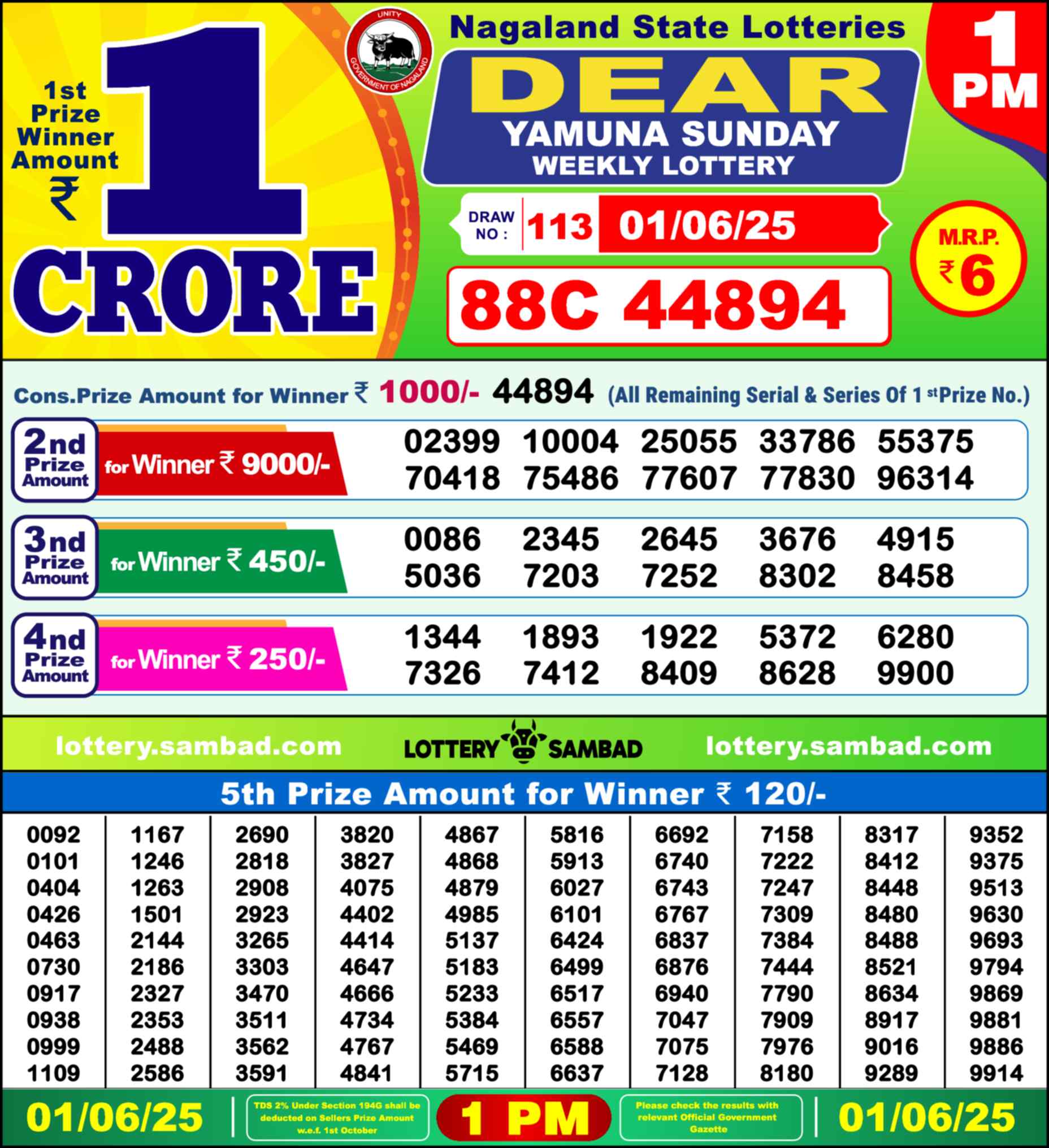 Dear Lottery 1 PM Result – Live Draw Image